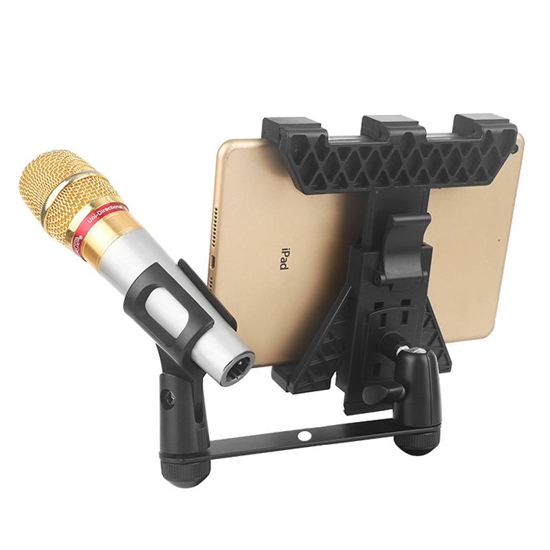 Adjustable Dual Boom Arm Microphone Stand for Desktop with Telescopic Base and Tablet Clamp, Perfect for Live Streaming and Singing.