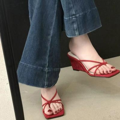 2025 Summer Women Narrow Band Slippers Concise Open Toe Slide Ladies Wedges Heel Dress Sandalias