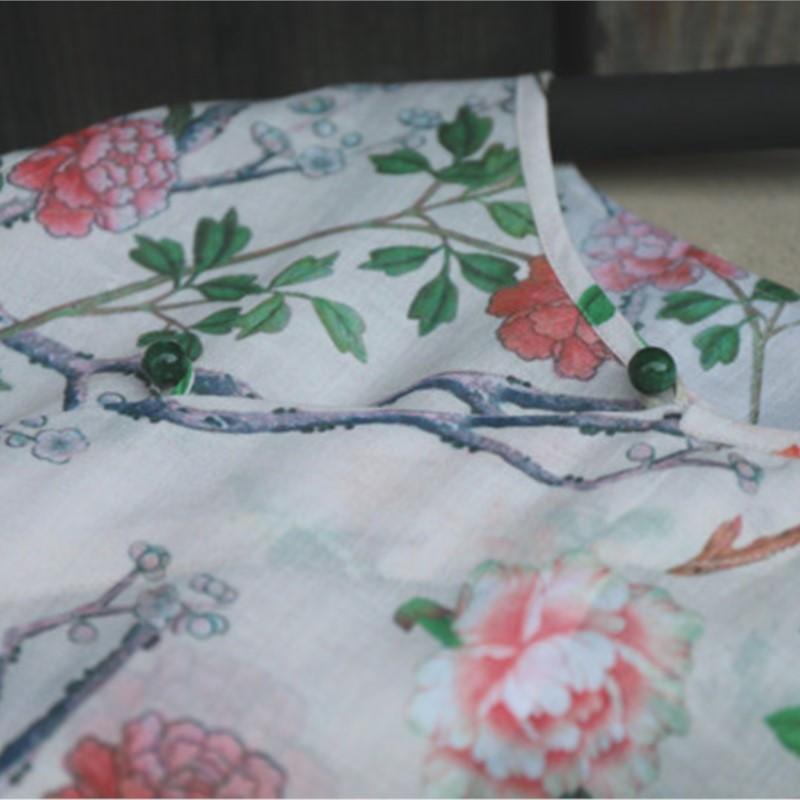 Johnature Woman Spring Print O-Neck Vintage Style Casual Shirt Fashion Chinese Style Personality Long Sleeves Shirt