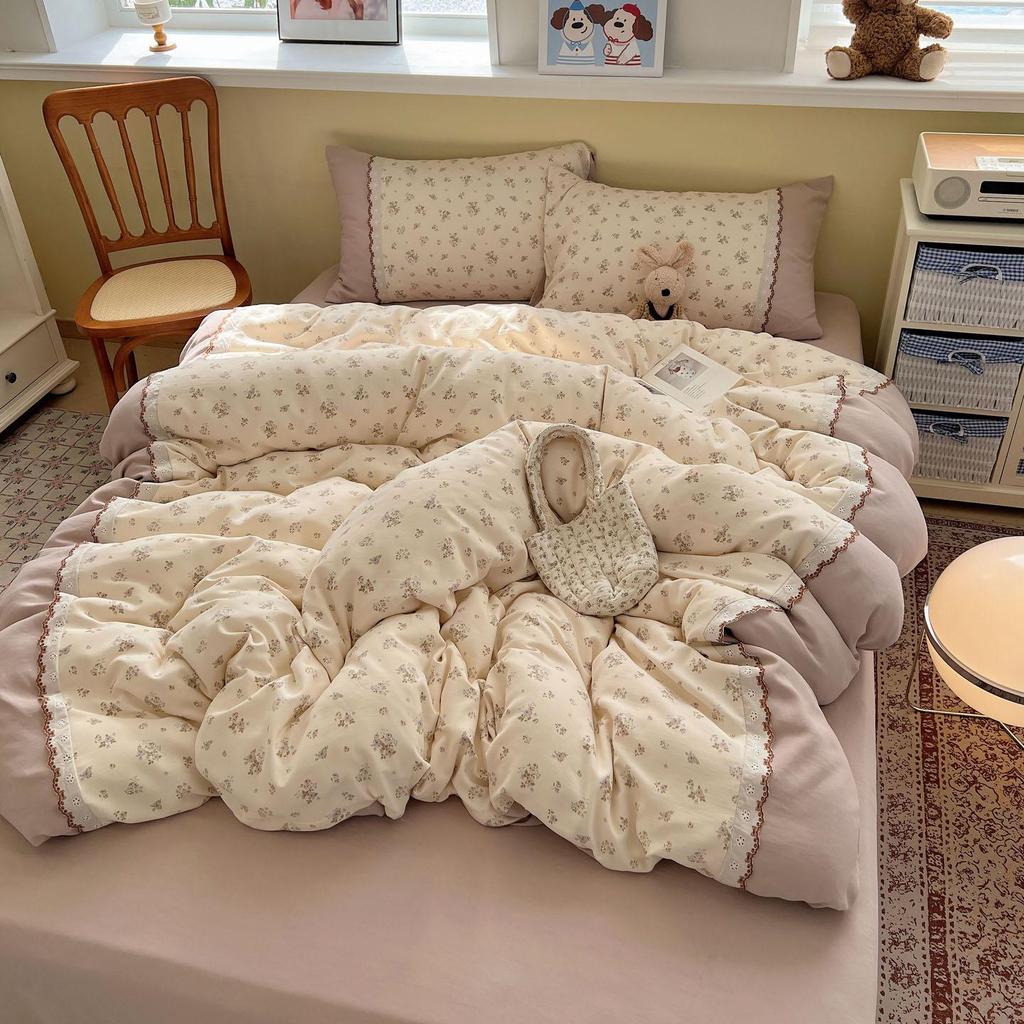 Korean Fresh Four-Piece Set: Cotton Lace Trim, Double Layer Gauze, Aerobic Jacquard Herringbone, Thickened.