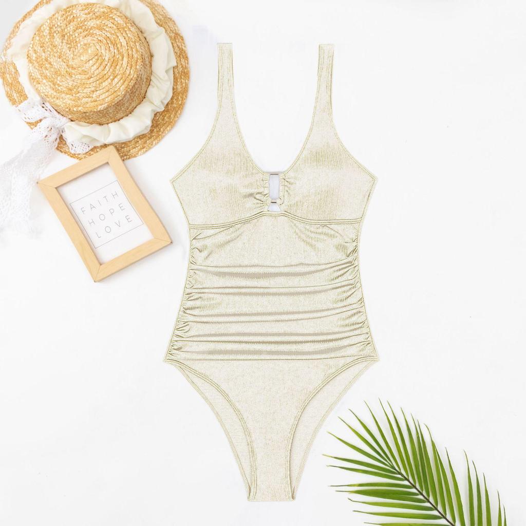 2024 Metal Brushed European-American Solid Color Sexy One-Piece Bikini Swimsuit