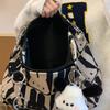 Korean Cute Rabbit Print Tote Bag Women Black White Color Block Large Capacity Shoulder Bag Ladies Canvas Fashion Underarm Bags