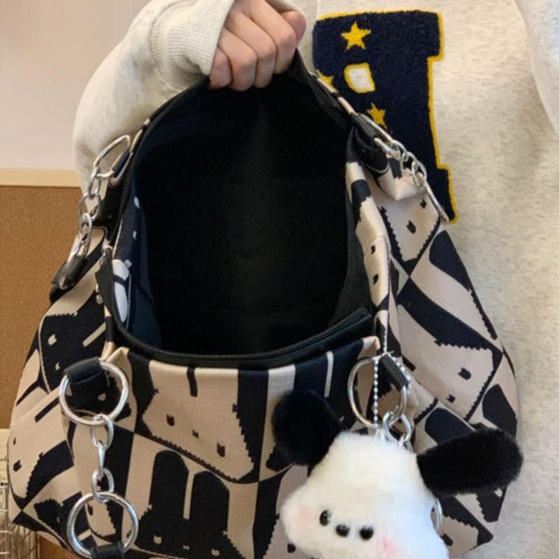 Korean Cute Rabbit Print Tote Bag Women Black White Color Block Large Capacity Shoulder Bag Ladies Canvas Fashion Underarm Bags