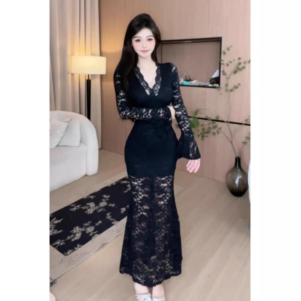 Sexy Pure Desire V-neck Lace Unique Chic Long-sleeved Dress Women's Autumn and Winter New Slim and Thin Hip-wrapped Dress