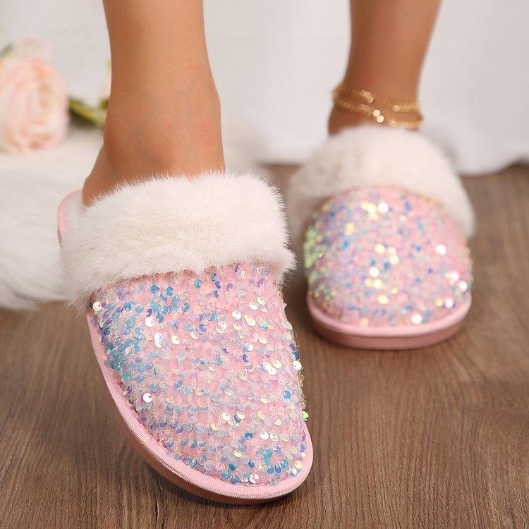 Fashion Shining Sequins Home Fur Slippers Women 2024 Winter Warm Plush Flat Cotton Shoes Woman Indoor Bedroom Soft Sole Fluffy Slippers