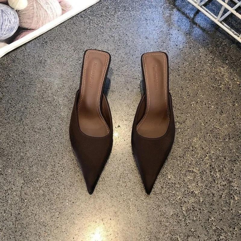 Женская обувь 2025 Новые женские тапочки с закрытым носком Леопардовый принт Платье Лето Улица Бестселлер Каблуки Женские Zapatos 40 коричневый