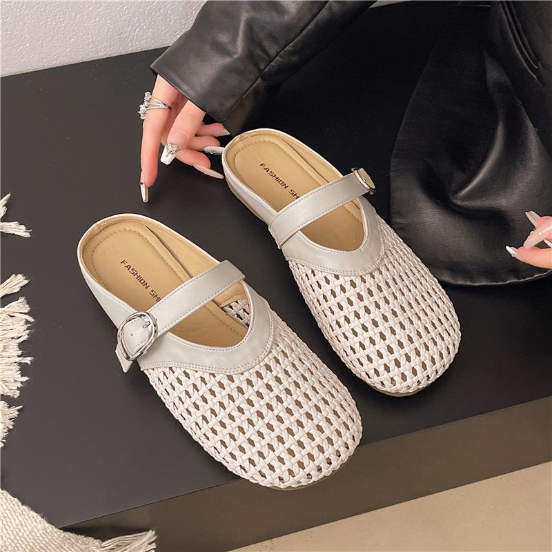 Flat bottom soft leather soft bottom not tired feet flat bottom shallow mouth sandals new women's one-pedal lazy shoes