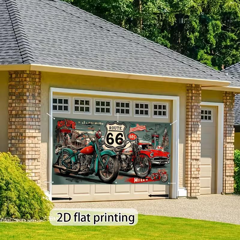 Toile de fond polyester Route 66 2D, Arrière-plan Vintage Moto Biker pour Fête de Biker & Décor Mural