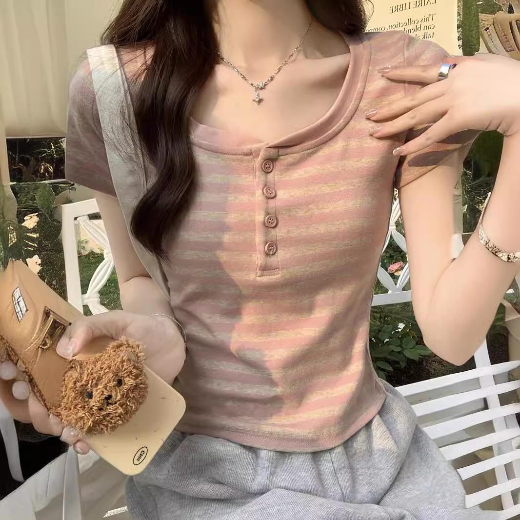 

Женский летний новый корейский стиль полуоткрытый вырез Slim Fit Slim Short Top S