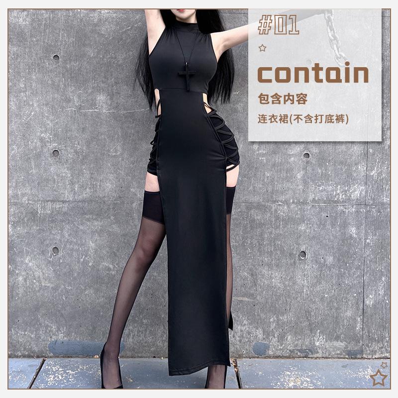 

Black Spice Girl High Waist Sexy Slits Dress Night Bar Slim Fit Hips Party Dress L