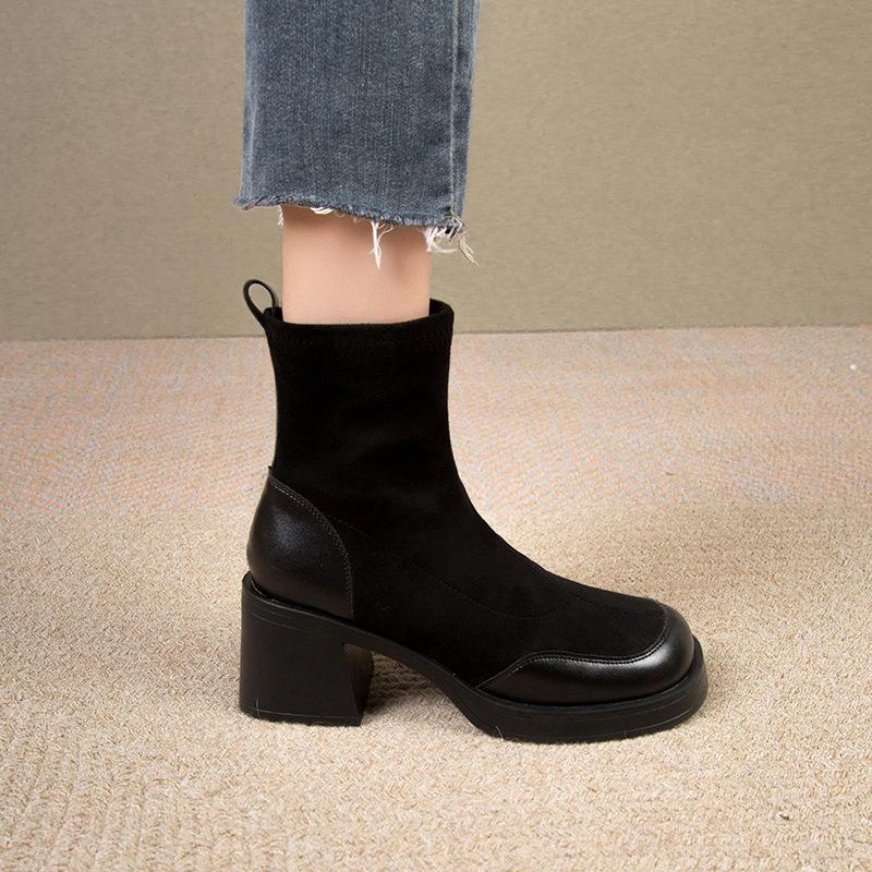 Short Shoes for Woman Black Women's Ankle Boots Sock Footwear Combat Booties Very High Heels Suede Punk Style Heeled Autumn Boot