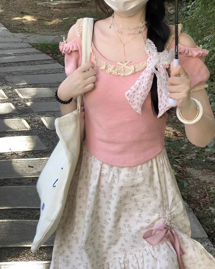 zZZZ Floral Bow Drawstring Midi Skirt - Irregular Hem, High Waist A-Line for Petites, Girly Style