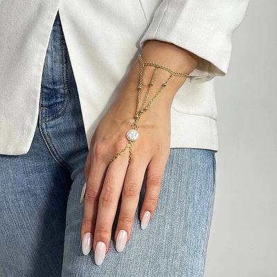 New Metal Chain Trendy Cool Accessories, Bohemian Personalized Jewelry Exaggerated Flat Pearl Finger Bracelet