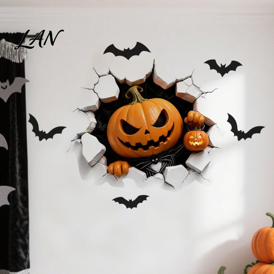 Black Cat Wall Stickers Halloween Stickers, 3D Broken Effect with Ghost Skeleton Pumpkin Bat Decals, Self-Adhesive Temporary Decorations Waterproof