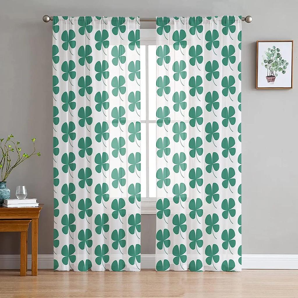St Patrick Day Clover Lucky Leaves Voile Curtain Living Room Bedroom Kitchen Window Decor Tulle Chiffon Curtains Sheer Polyester Ideal For Area