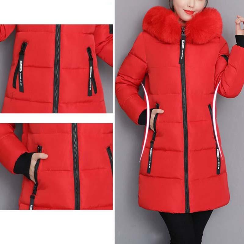 Women's Autumn Winter Fashion Casual Cotton Jacket Fur Collar Warm Thick Overcoat Slimming Long Hooded Parka Coats