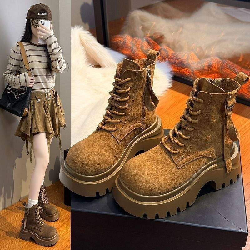Thick-soled Matte Martin Boots Women's 2025 Autumn New Muffin Heightening Retro Locomotive Short Boots Lace-up