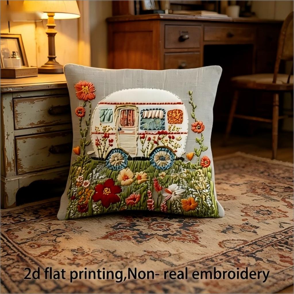 Vintage Camper Van Wildflower Pillow Cover 2D Faux Embroidery Print Cushion Case Boho Camping Home Decor Gift
