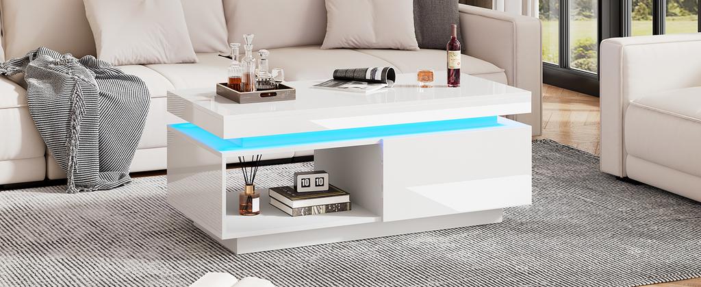Moderner Hochglanz-Couchtisch mit LED-Beleuchtung, 100x50x40,3 cm – Eleganter Tisch mit Schublade und 50 kg Tragfähigkeit