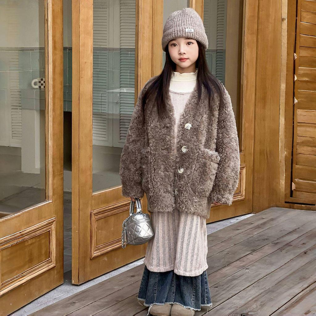Korean Style Girls' Lambswool Coat - Autumn/Winter Collection for Medium & Large Children