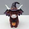 2Pcs Halloween Highland Cow Resin Figurine Wizard Hat Pumpkin Broom Cattle Statue Sculpture Holiday Party Decoration Ornament