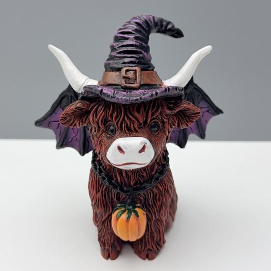 2Pcs Halloween Highland Cow Resin Figurine Wizard Hat Pumpkin Broom Cattle Statue Sculpture Holiday Party Decoration Ornament