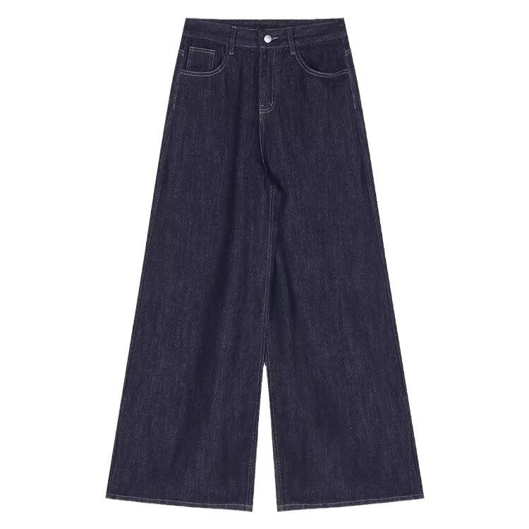 2024 Women's Dark Blue High-Waist Wide-Leg Jeans – Floor-Length & Stylish
