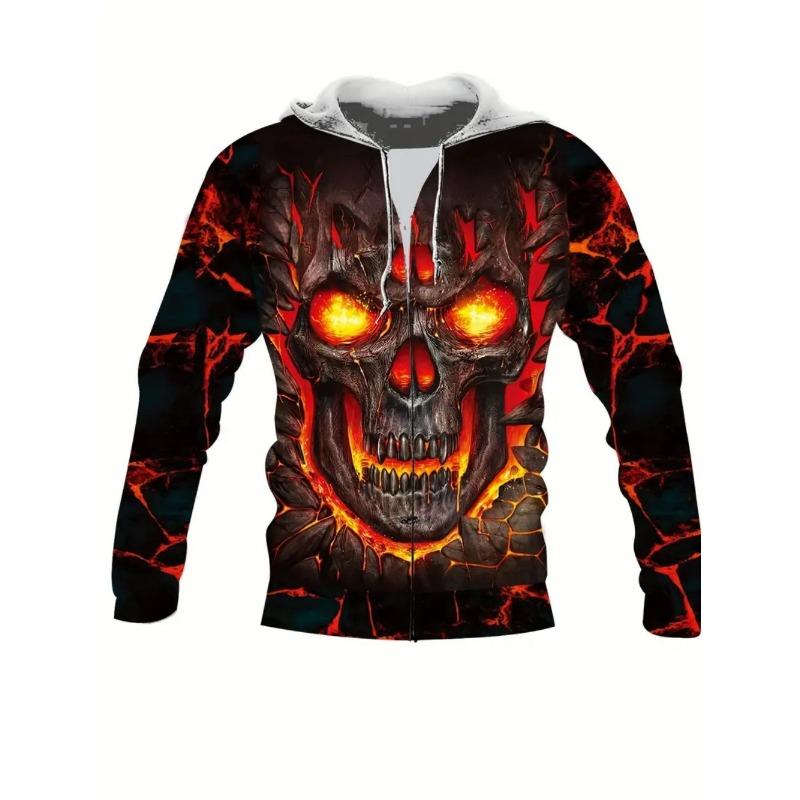 Men's Fashion Skull 3D Print Zipper Pocket Hoodie Clothing Spring Autumn Casual Sports Oversize Long Sleeve Sweatshirt Tops
