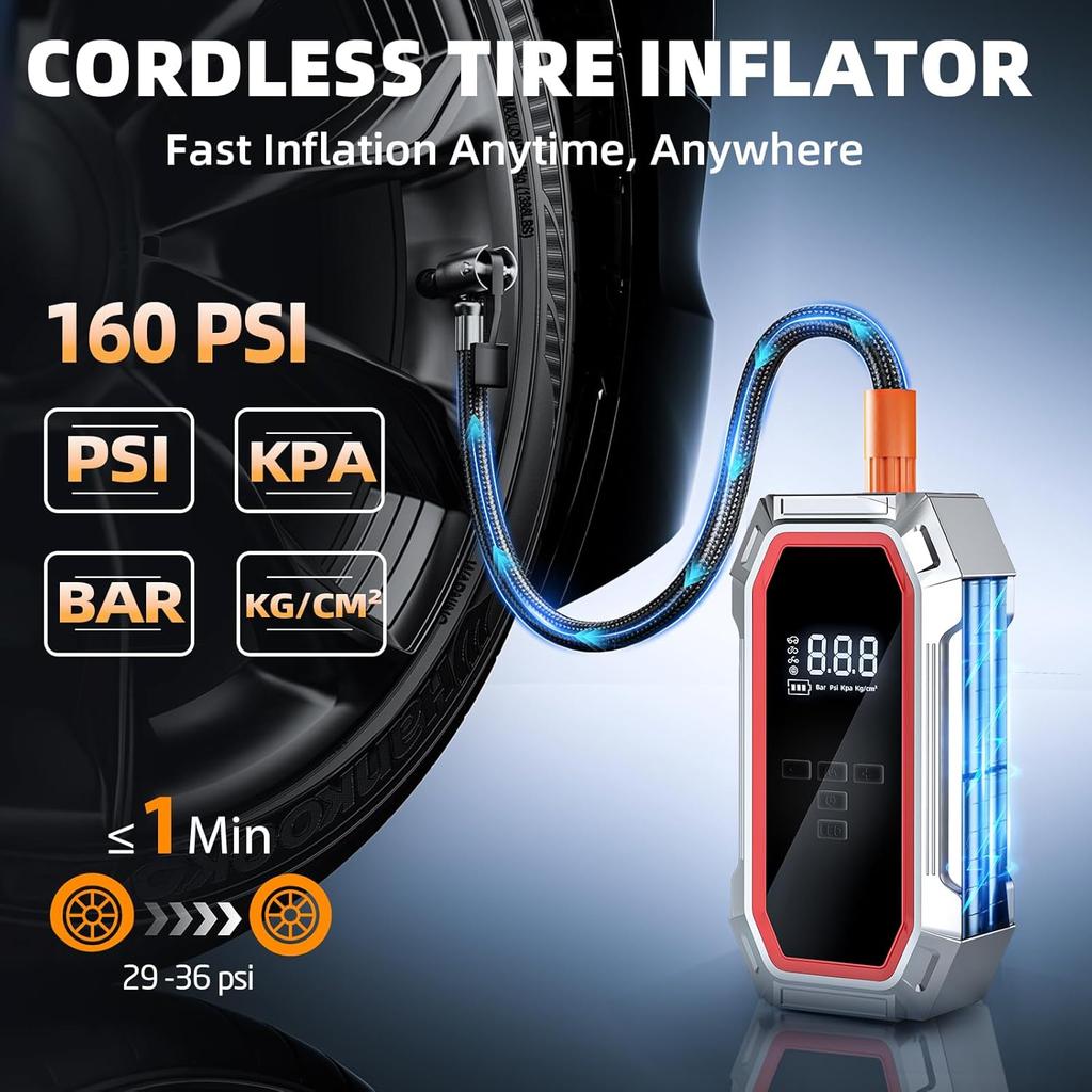 5000A Jump Starter with Air Compressor, 160PSI, 12V Portable Jump Box, LCD Display, LED Light, Jumper Cables