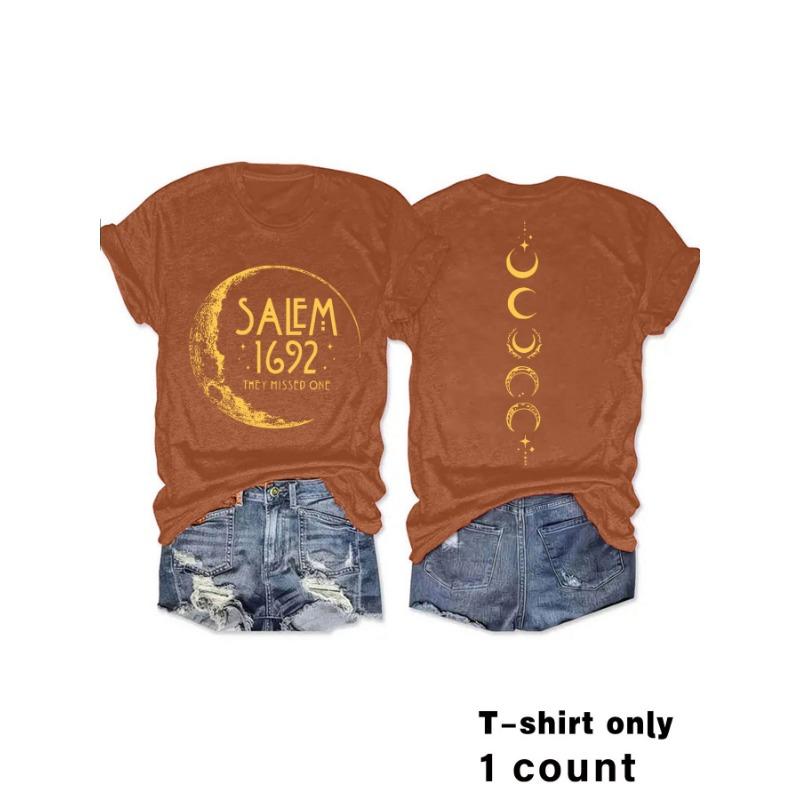 Women's Summer Moon and Letter Round Neck Pullover Short Sleeve T-Shirt