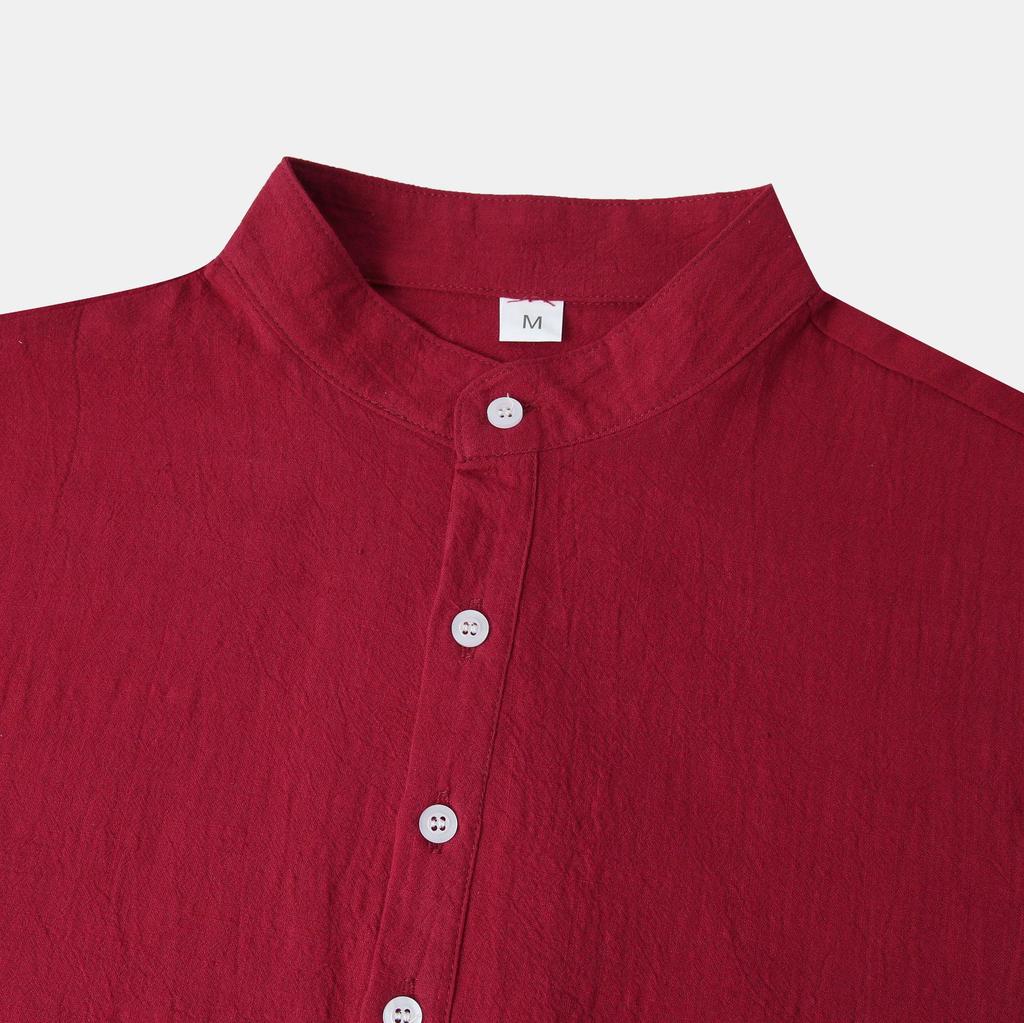 Summer 2024 Bestseller: Men's Solid Color Cotton Linen Stand Collar Short Sleeve Shirt - European & American Style