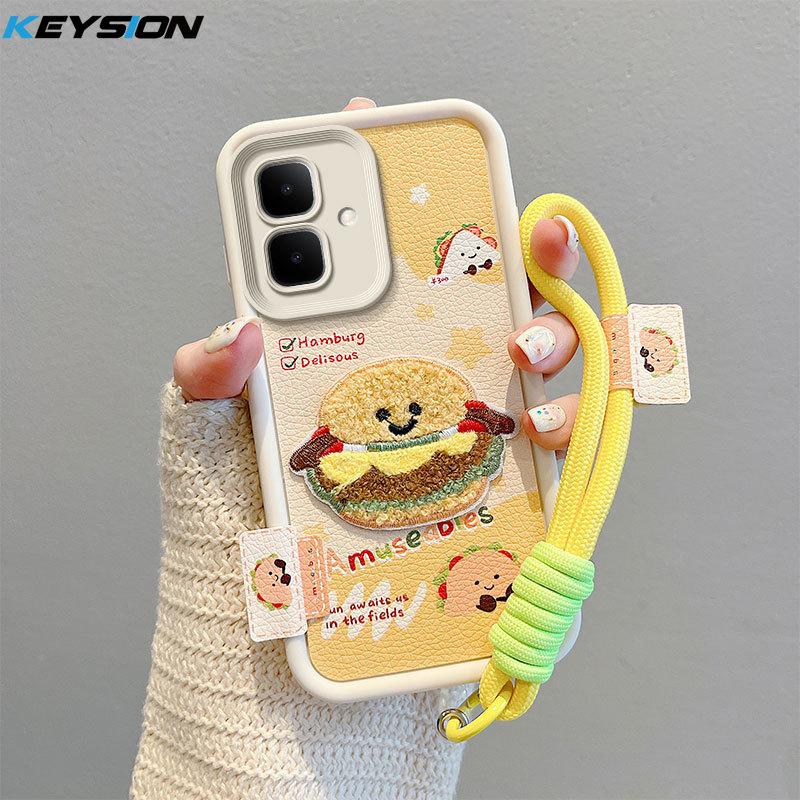 KEYSION Cartoon Cute Plush Embroidery Case for Infinix Smart 10 with Lanyard Silicone Shockproof Phone Cover for Infinix Smart 10