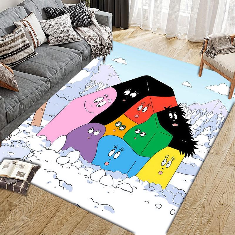 Barbapapa Flannel Printed Carpet, Home Sofa Decoration for Living Room & Bedroom, Non‑Slip Play Flannel Floor Mat for Game Room