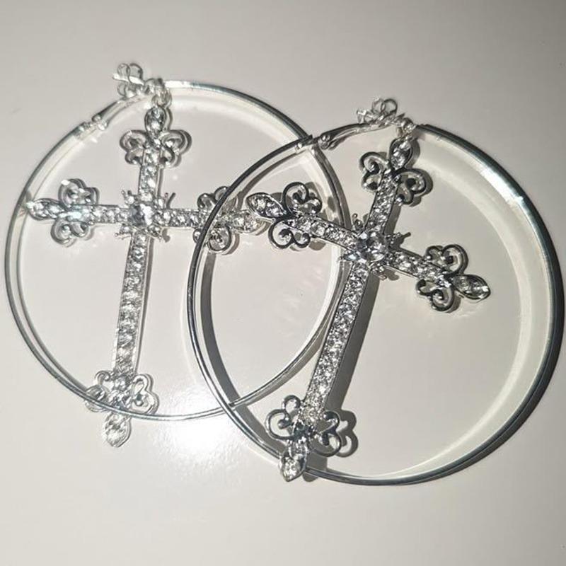 Retro Bling Crystal Cross Hoop Earrings Punk Aesthetic Luxury Korean Fashion Ears for Women Punk Jewelry Y2K Cool Stud Earrings