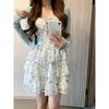 French Elegant 2 Piece Dress Suits Women Vintage Sexy Slim Floral Dress + Korean Casual Long Sleeve Thin Cardigan Fashion Chic
