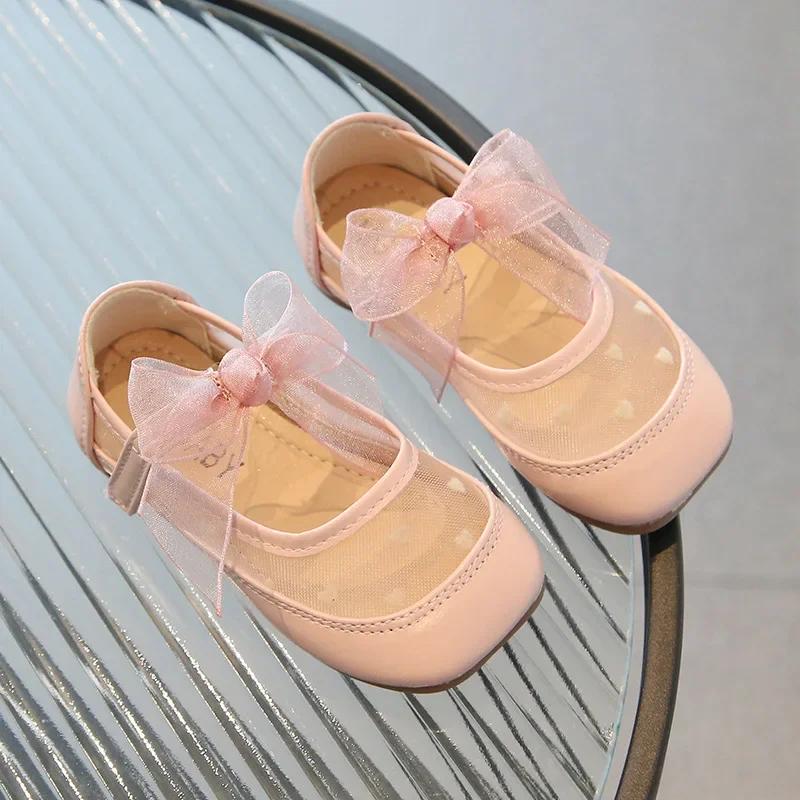 2024 Summer New Children Flat Shoes Girls Mesh Bowknot Casual Shoes Kids Square Toe Non-slip Leisure Comfy Baby Shoes