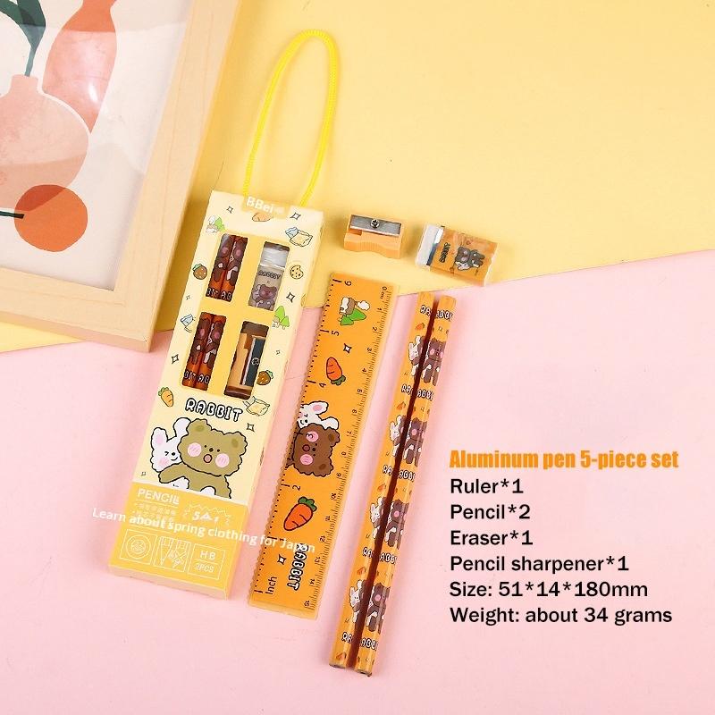 5 In 1 Pencil Set Portable Stationery Prize Cute Cartoon Stationery Gift Box Set School Supplies Writing Tool Stationery Set