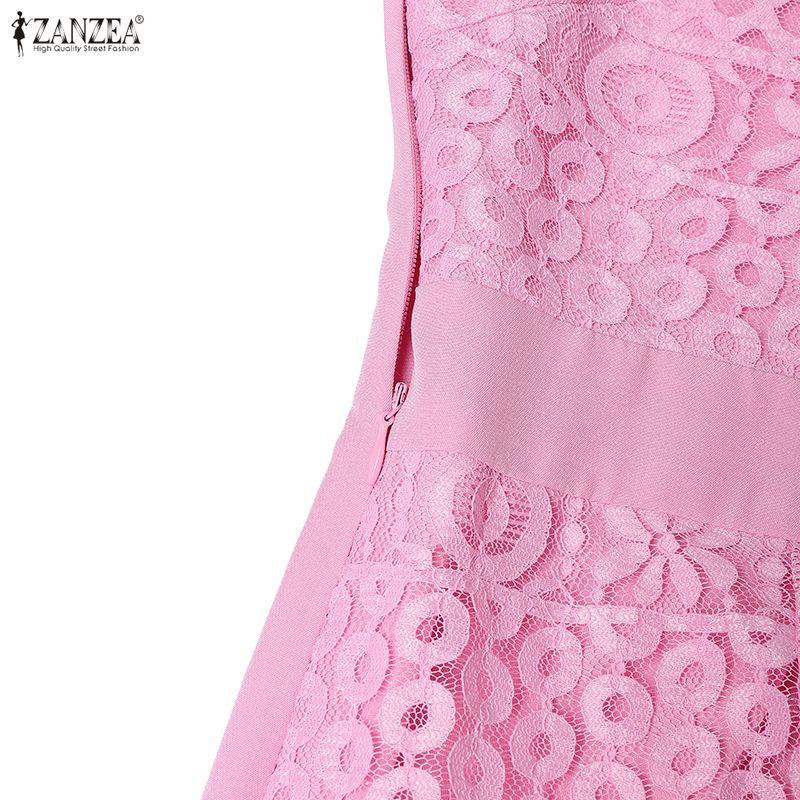 ZANZEA Women Square Collar Summer Casual Short Sleeve Patchwork Lace Dress