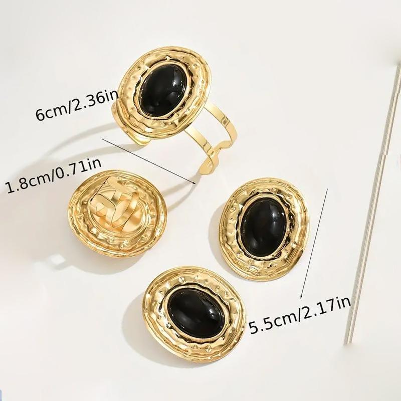 Exaggerated retro oval irregular inlaid diamond black metal style temperament ring bracelet stud earrings set