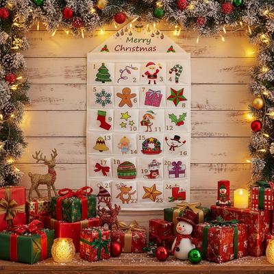 Fabric Christmas Advent Calendar with Pockets Natural Hanging Storage Bag Reusable Household Festival Decorations for Home Decor