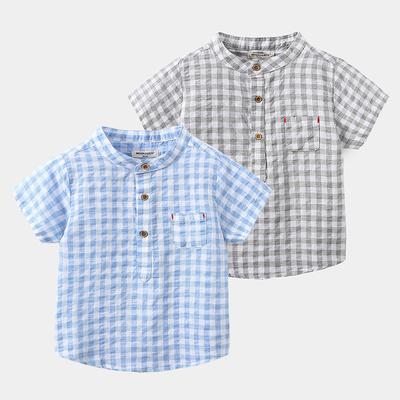 Boys Summer Short-sleeved Plaid Shirt Middle and Small Children Stand-up Collar Casual Comfortable T-shirt