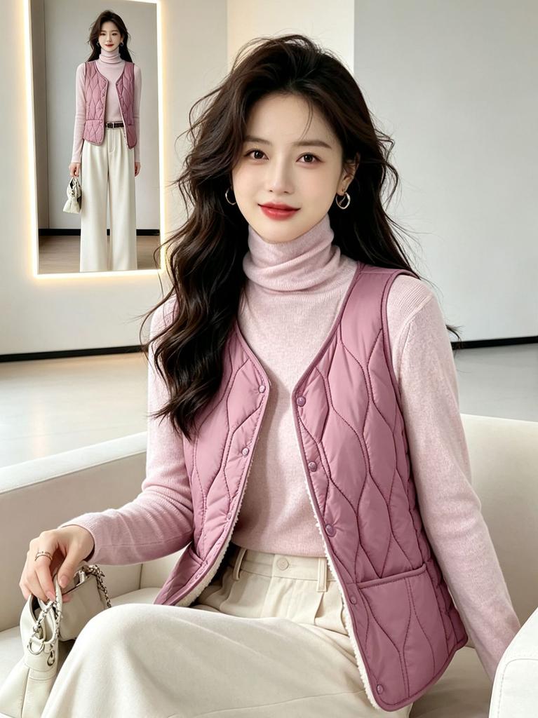 New women's down cotton vest in autumn and winter, piled and thickened to keep warm, wearing short V-neck sleeveless vest