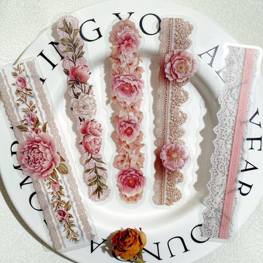 15 Pcs PET Flower Lace Strip Sticker DIY Hand Account Collage for Scrapbooking Junk Journal Decorative Stickers