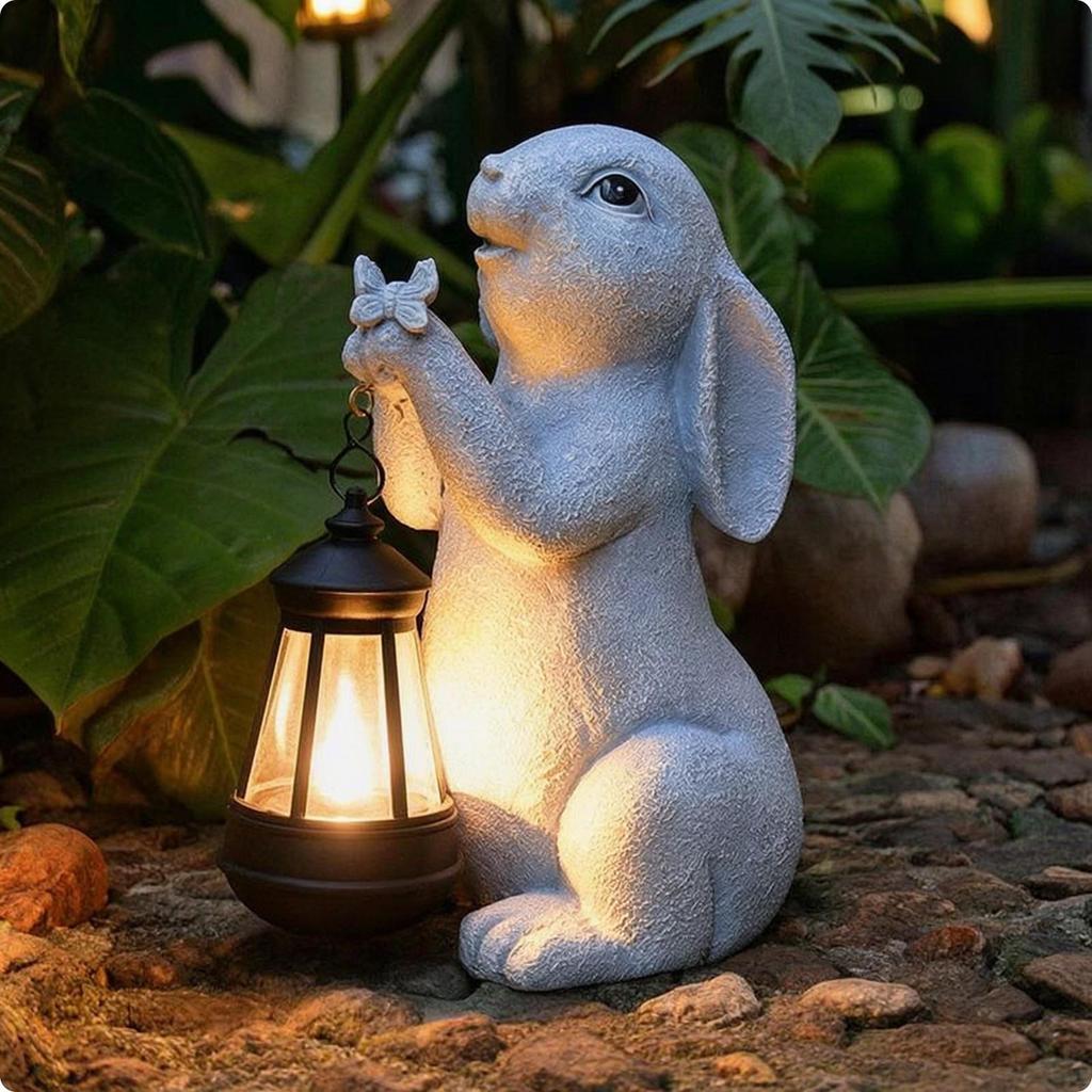 Animal Statue with Solar Lantern Stone Look Resin Ornament Light Handcrafted Garden