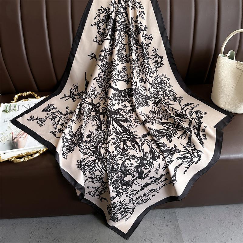Ink Painting Silk Scarf 90cm Twill Scarves Large Square Sunscreen Shawl Headscarf for Women Hijab Luxury Bufanda Foulard
