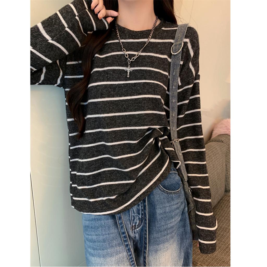 Crew Neck Striped Contrasting Color Chic Loose Sweater Women's Spring and Autumn French Retro Lazy Wind Polished Warm Top
