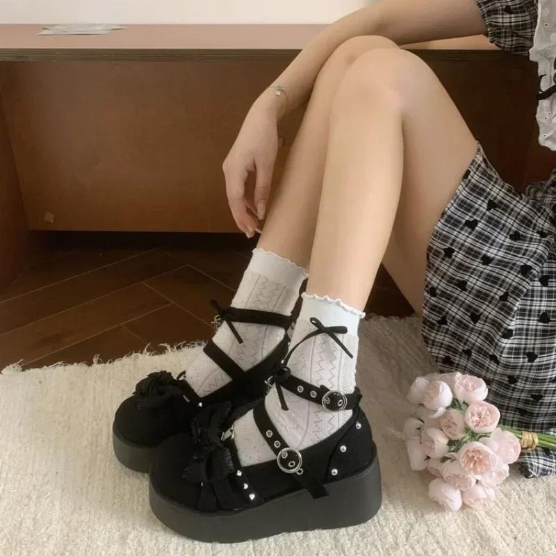 Kulatá špička Silná podrážka JK Lolita Mary Jane Roztomilé dámské boty s mašlí Sladké Jednoduché Pohodlné Všestranné Ležérní mokasíny