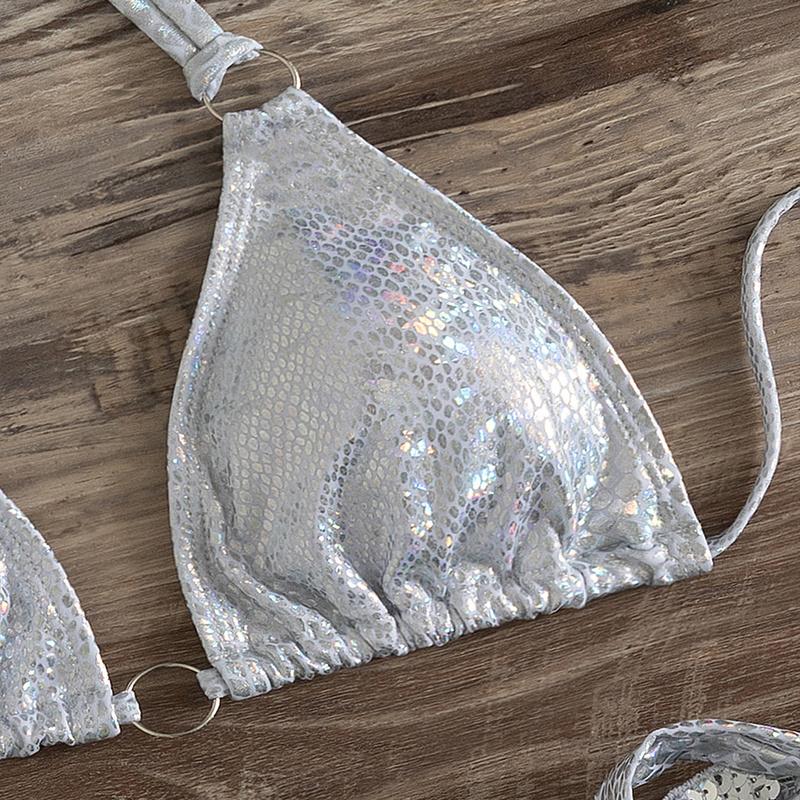 2022 Sequins Swimsuit for Women Sexy Backless Push Up Triangle Thong 3 Pieces Bikini Set High Waist Female Swimwear Bathing Suit