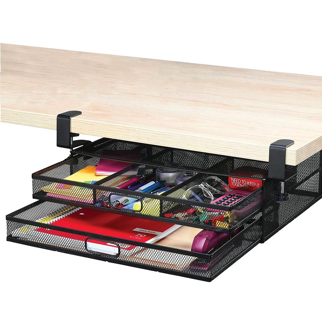 BTtime Under-Desk Storage Rack, 2-Tier Drawer Storage, No Drilling Required, Large Capacity Storage, Office Supplies, Easy Installation, No Tools