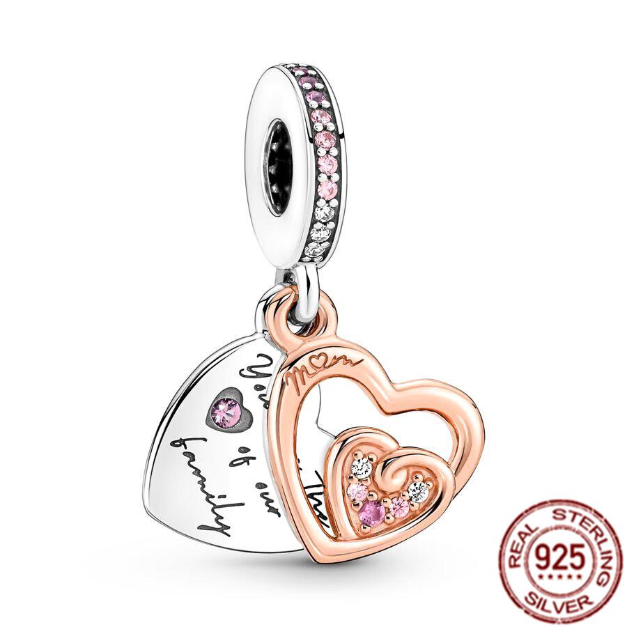 Fine S925 Sterling Silver Love You Mom Double Heart Split Dangle Charm Beads Fit Original  Bracelet DIY Women Jewelry Gift